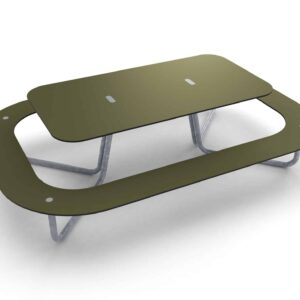 Picknickbank Plateau-O met een robuust, groen tafelblad en metalen onderstel, geschikt voor buitengebruik.