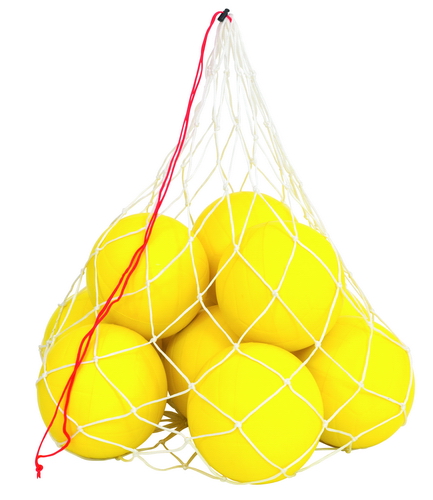Set van 10 gele soft-volleybals in een net, ideaal voor gym en sportdagen, met uitstekende springeigenschappen.