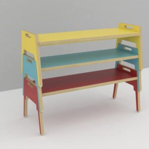 Kleurrijke FRISZ! Stapelbank met drie lagen in geel, blauw en rood, ideaal voor scholen en kinderopvang.
