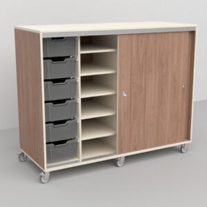 1Wood Kast op maat met houten afwerking, schuifdeuren en opbergvakken, ideaal voor scholen en kinderdagverblijven.