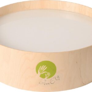 Ronde lichttafel met houten onderstel, ideaal voor het ontdekken van kleuren en vormen met transparante objecten.