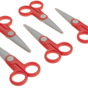 Set van 5 papieren scharen met een rood handvat en grijze bladen, ideaal voor knutselen en knippen.