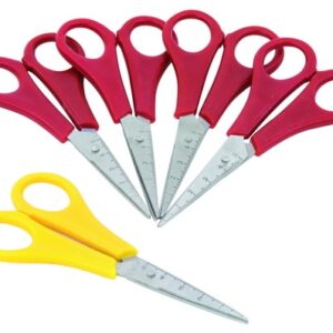 Set van 5 linkshandige kinderscharen met rode handvatten en een gele schaar, ideaal voor knutselen op school.