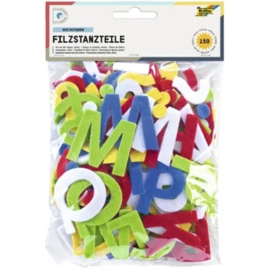 150 zelfklevende vilten letters in diverse kleuren, verpakt in een doorzichtige zak voor creatief gebruik.
