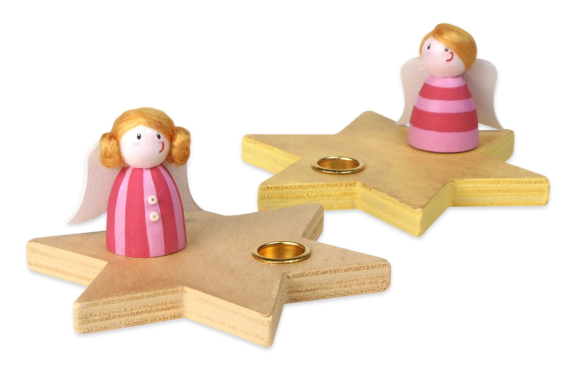 Sterrenkandelaar met engel, set van 5, houten basis met gouden houder, kleurrijke engeltjes met vleugels.