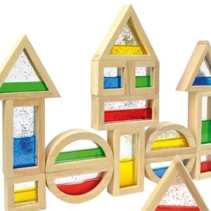 Glitter Bouwstenen Hout in verschillende vormen met glitters, ideaal voor creatief en sensomotorisch spel.