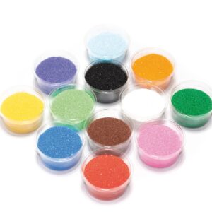 Kleurrijke potjes met Crea Zand in diverse tinten, ideaal voor creatieve en sensorische activiteiten voor kinderen.