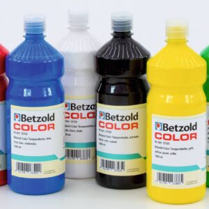 Set van zes flessen temperaverf in heldere kleuren: rood, blauw, geel, groen, zwart en wit, geschikt voor kinderen.