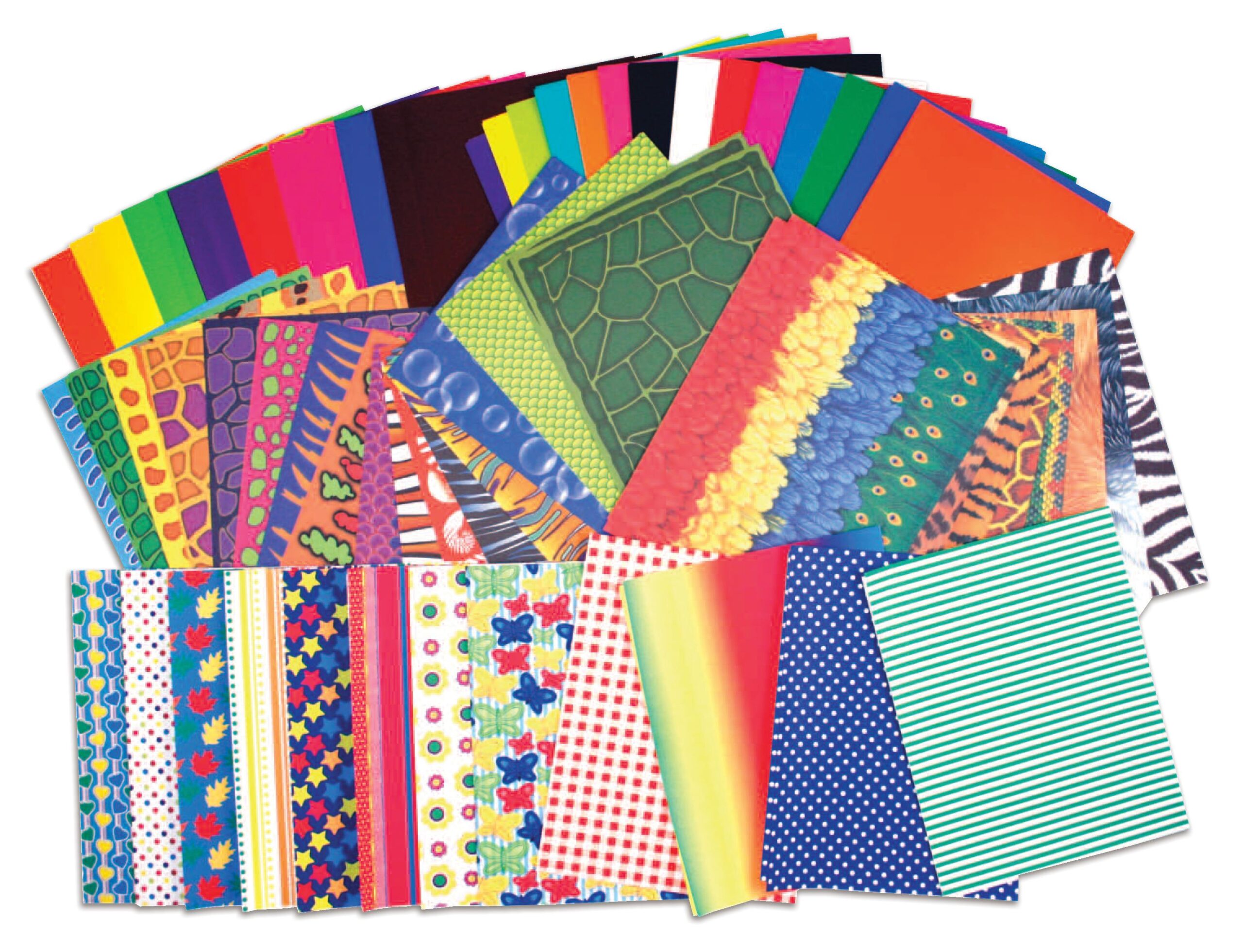 Kleurrijk motief papier set met diverse patronen en kleuren, ideaal voor creatief knutselen en DIY-projecten.