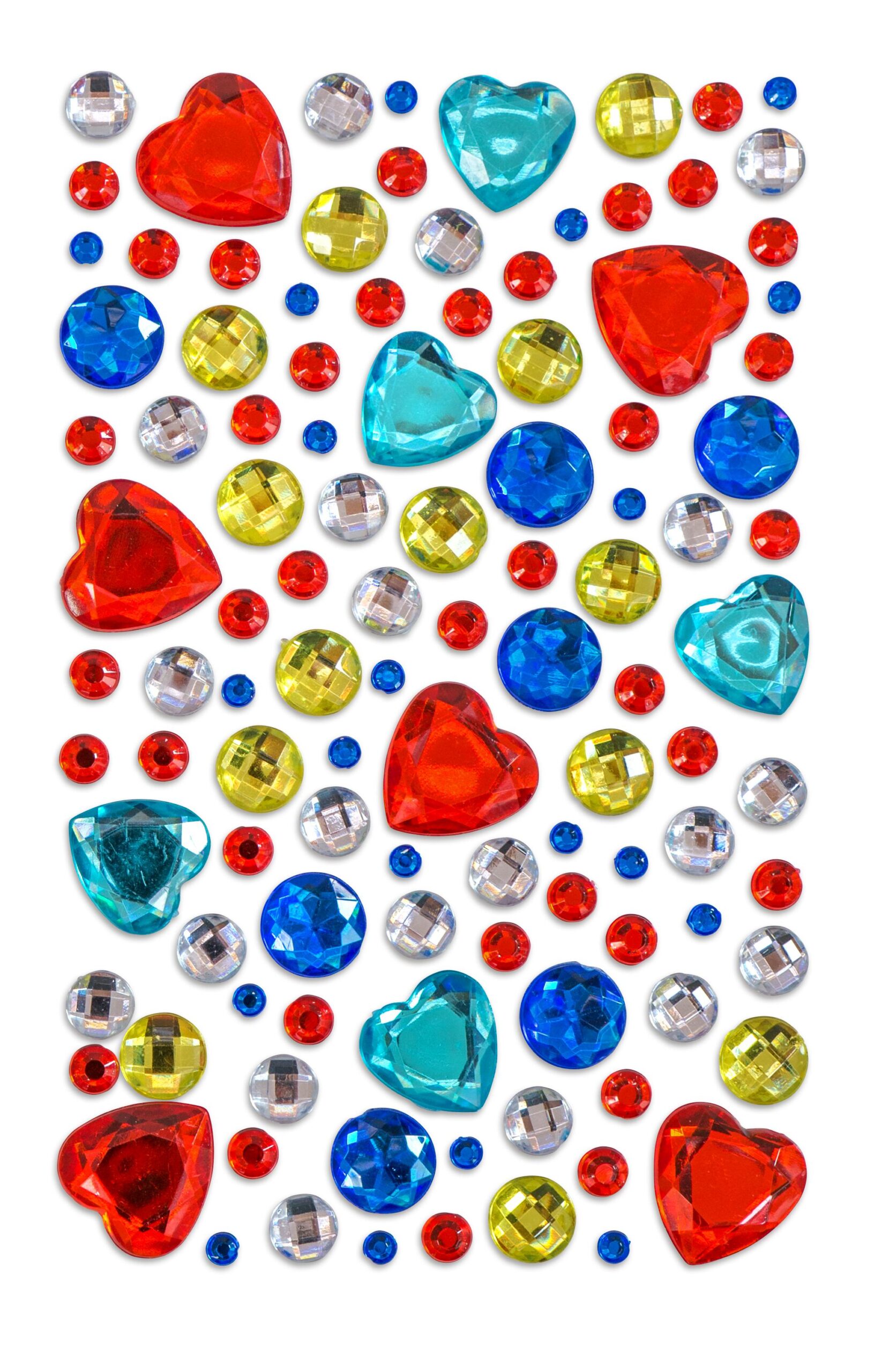 Kleurrijke glittersteentjes in hartvorm en ronde vormen, in rood, blauw, groen en zilver, perfect om op te plakken.