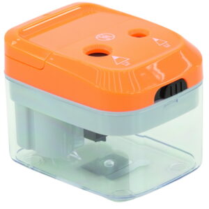 Dubbele elektrische puntenslijper in oranje en transparante behuizing, formaat 8 x 10 x 7,5 cm.
