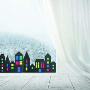 Vrolijke silhouetten van gebouwen en voertuigen in diverse kleuren, perfect voor raamdecoratie en leren over stadsleven.