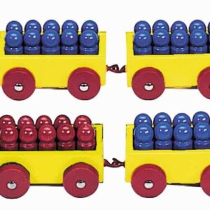 Houten reken trein met genummerde wagons in geel en blauw, helpt kinderen met getalbegrip tot 100.
