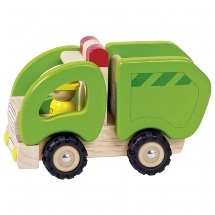 Houten vuilniswagen in groen met beweegbare laadklep, ideaal voor leren over recycling en duurzaamheid.
