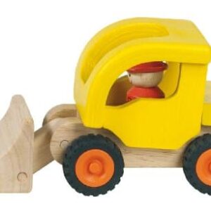 Houten wiellader met beweegbare laadbak en figuur, ideaal voor bouw- en rollenspellen voor kinderen.
