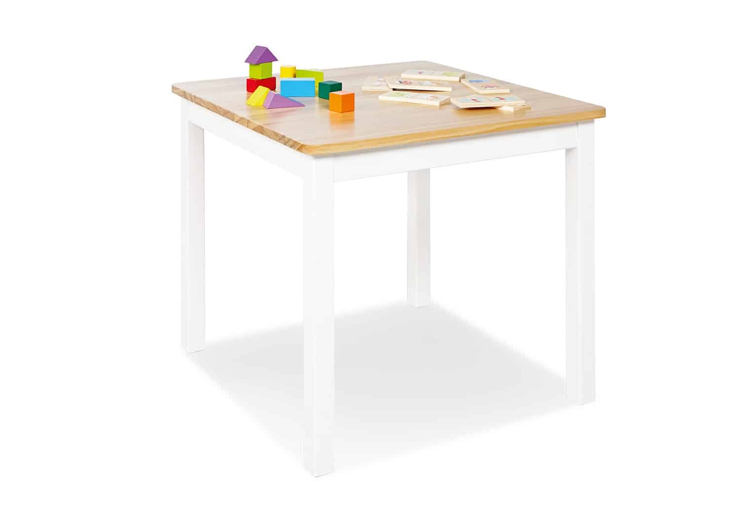 Stabiele kindertafel in wit met naturel houten blad, geschikt voor knutselen en spelen, met kleurrijke blokken erop.