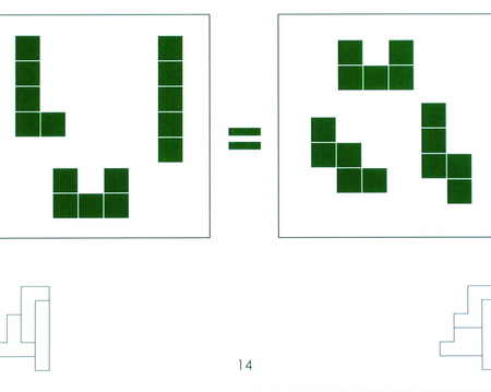 Pentomino's, 15 dubbelbedrukte oefenkaarten, 2 sets pentomino's leiden tot hetzelfde patroon