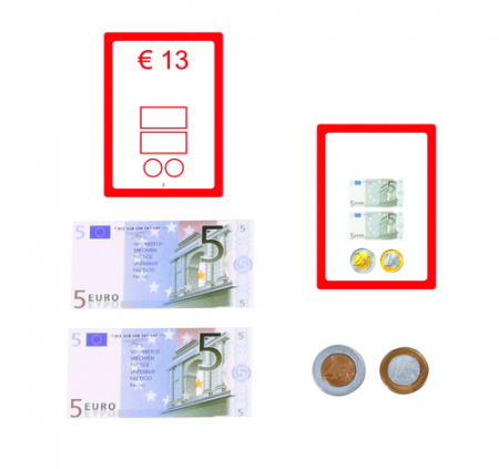 Euro splitsset zonder met decimale bedragen, om bedragen op te delen in munten, bevat 25 opgaves in plastic doos