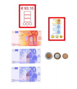 Euro splitsset zonder decimale bedragen, om bedragen op te delen in munten, bevat 25 opgaves in plastic doos