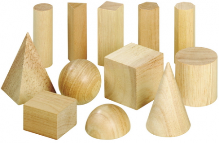 Houten geometrische blokken, 15 3D vormen, hoogte tot 7,5 cm, totaal 12 stuks