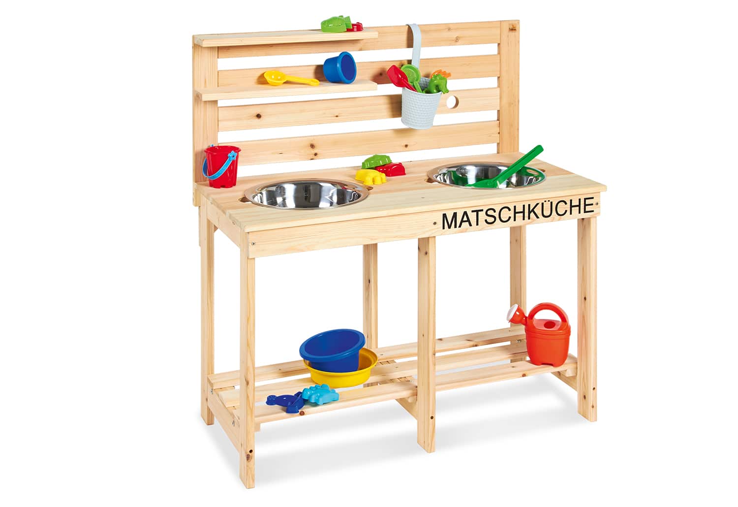 Zand- en watertafel van hout met twee metalen kommen, speelgoed en accessoires, ideaal voor buiten spelen en leren.