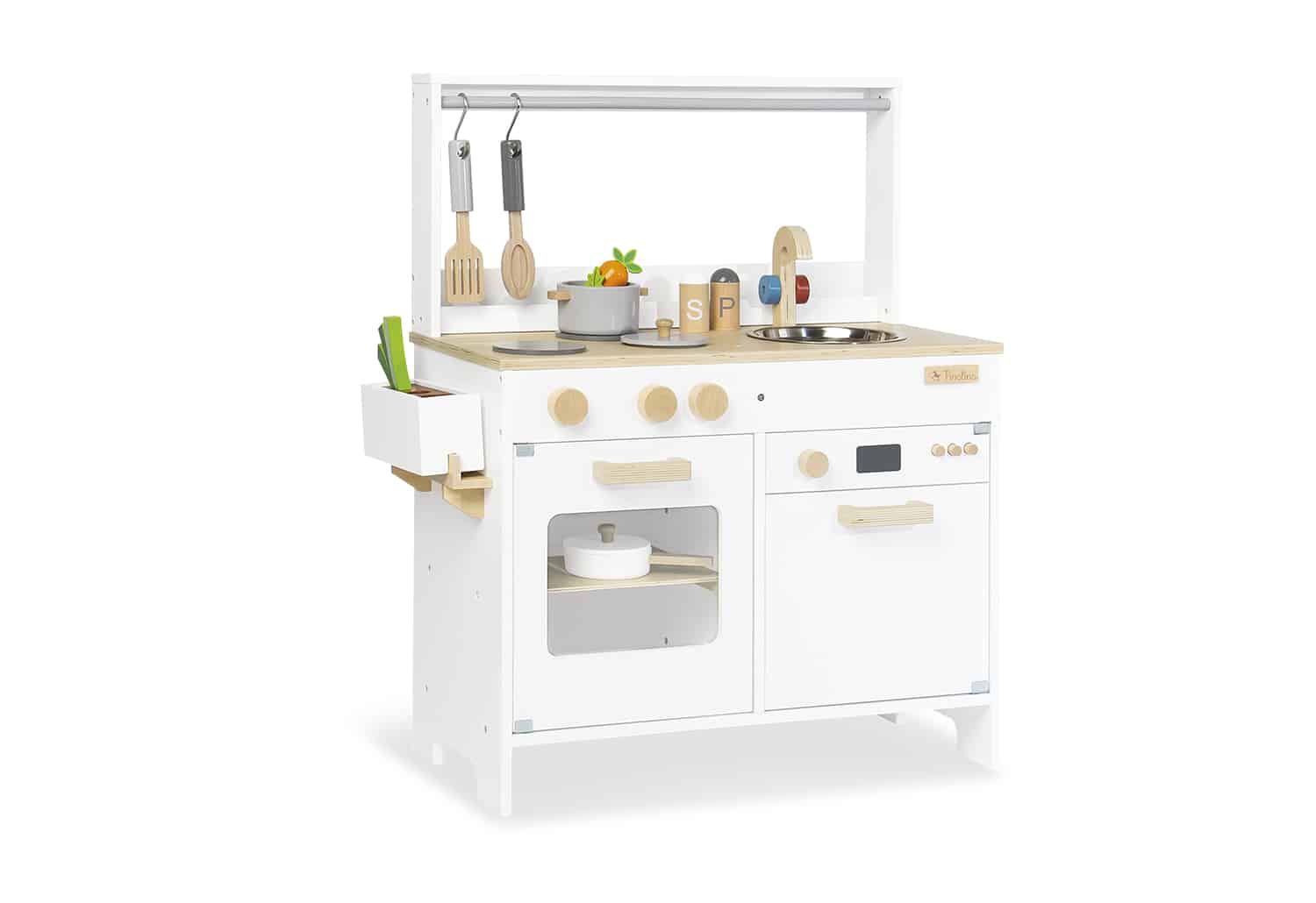 Moderne kinderkeuken met kruidenrekje, groenten, 9-delige kookset en vaatwasser met besteklade.
