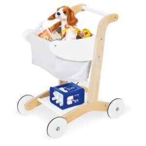 Witte boodschappenwagen met houten handvat, gevuld met speelgoed en een knuffelhondje, op wielen voor kinderen.