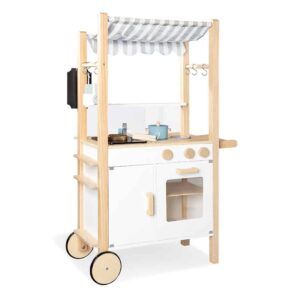 Verrijdbare Street Food Kitchen met gootsteen, kookplaat en houders voor ijshoorntjes, geschikt voor kinderen vanaf 3 jaar.