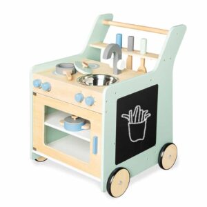 Verrijdbare kinderkeuken met gootsteen, oven, kookgerei en rubberen wieltjes, geschikt voor kinderen van 3-5 jaar.