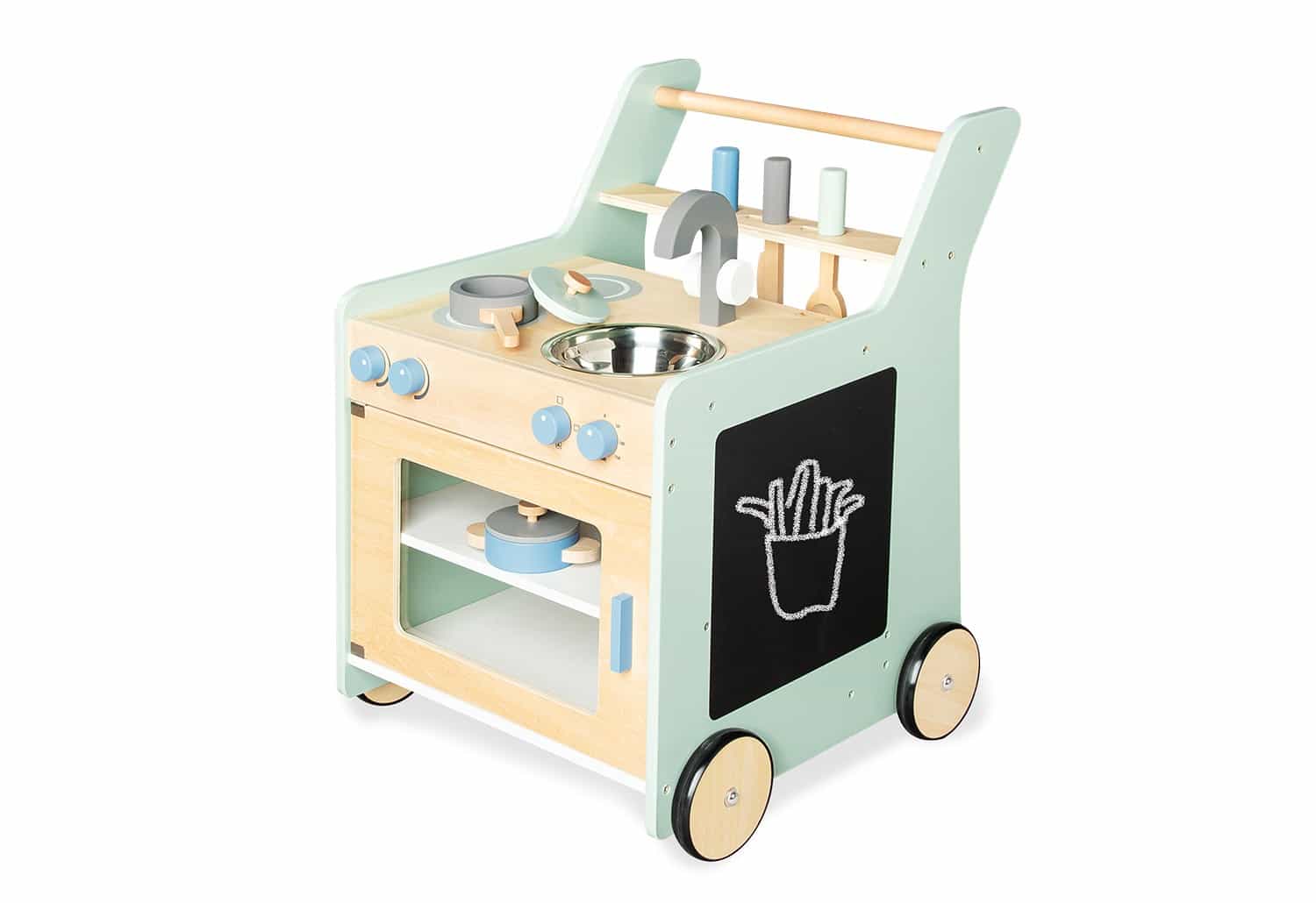 Verrijdbare kinderkeuken met gootsteen, oven, kookgerei en rubberen wieltjes, geschikt voor kinderen van 3-5 jaar.