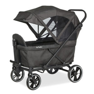 Opvouwbare bolderkar Cruiser met afneembare wielen en trekstang, ideaal voor het vervoeren van kinderen.