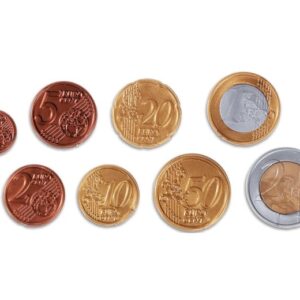Euromunten in plastic zak, 300 stuks, variërend van 1 cent tot 2 euro, geschikt voor speelhoeken en leermiddelen.