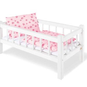 Poppenbedje Annika in wit met schattige roze kussens en dekens met hartjes, perfect voor kleine poppenouders.