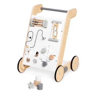 Activiteiten loopwagen in wit/grijs met speelelementen en 4 blokken voor kinderen om te leren en spelen.