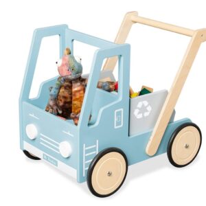 Stevige blauwe loopwagen in kiepwagen-design met houten handvat en speelgoed erin, ideaal voor kinderen die leren lopen.