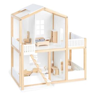 Poppenhuis XL met meerdere kamers, trappen en meubels, ideaal voor creatief spel met poppen en leermiddelen.