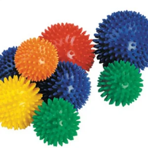 Kleurrijke spike ballen van 8 cm, ideaal voor vinger- en grijpoefeningen, massage en reflexzonemassage.