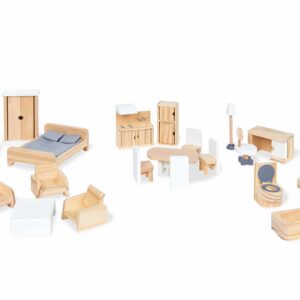 20-delige set moderne poppenhuis meubels in neutrale kleuren, inclusief bed, tafel, stoelen en badkameraccessoires.