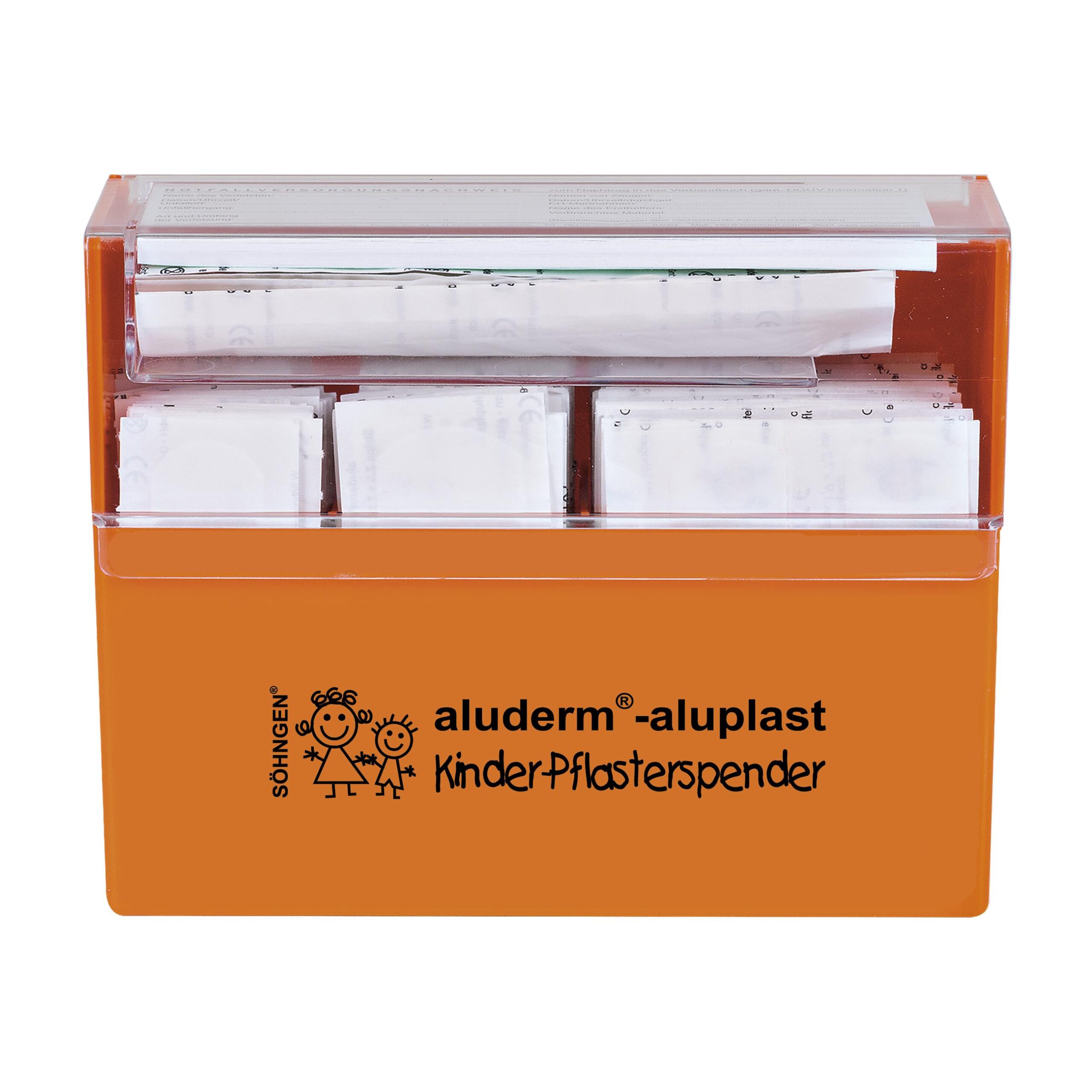 Oranje pleisterdispenser voor kinderen, gevuld met pleisters, met transparante deksel en vrolijke illustraties.