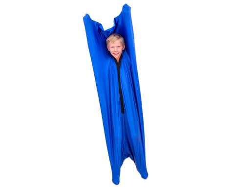 Blauwe lichaams danszak van 140 x 70 cm met een kind erin, geschikt voor dans en muziek, niet voor kinderen onder 36 maanden.