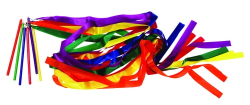 Zes dubbele ritme linten in verschillende kleuren: paars, groen, geel, rood, blauw en oranje, met handvatten.