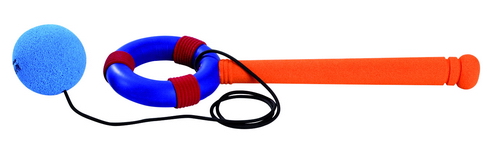 Kleurrijk swing lus vangspel van 38 cm met een blauwe bal en een oranje handvat, geschikt voor buitenspellen.