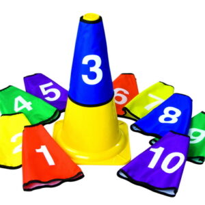 Kegelset van 10 stuks in 5 kleuren met nummers 1 tot 10, ideaal voor buitenlessen en sportactiviteiten.