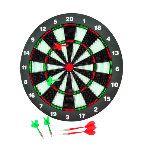 Veiligheidsdartspel met een dartbord van 42 cm en 6 veiligheidsdartpijlen in verschillende kleuren.