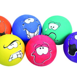 Zes kleurrijke emotie ballen van 15 cm met grappige gezichten in rood, blauw, groen, geel, roze en paars.