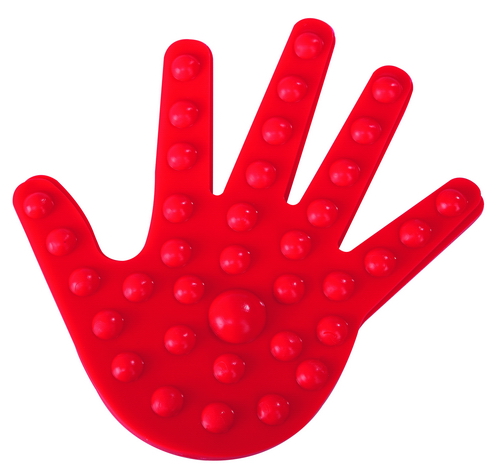 Tactiele handen in rood, met verhoogde stippen voor sensomotorische ontwikkeling, set van 2 stuks.