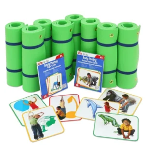 Groene yogamatten met blauwe banden, begeleidende kaarten en posters voor ontspanning en zintuiglijk bewustzijn.