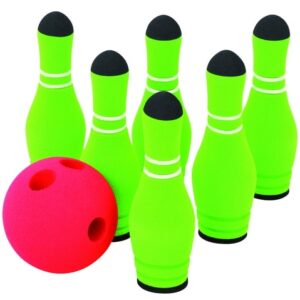 Mini Soft Bowling set met 6 groene paaltjes en een roze bowlingbal, geschikt voor buiten en vloerspel.
