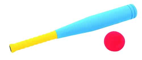 Honkbal startset met een blauwe honkbalknuppel met gele grip en een zachte rode honkbal, ideaal voor scholen.