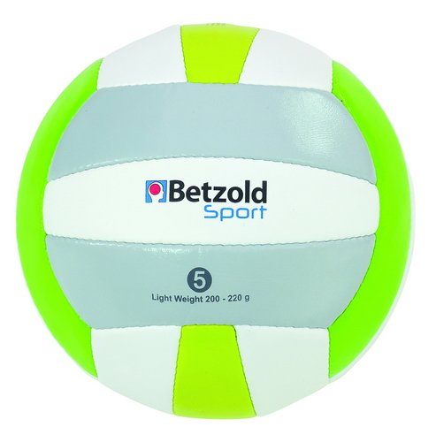 Lichtgewicht volleybal maat 5 in groen, wit en grijs, met logo Betzold Sport en gewichtsaanduiding. Perfect voor gym en bu...